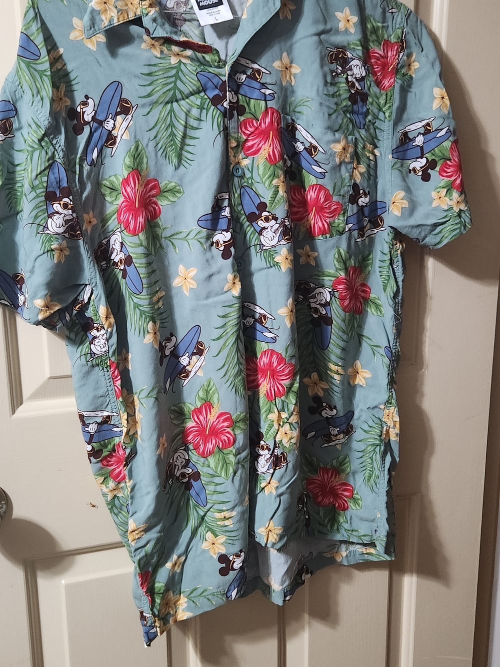 Disney Men's Surfing Mickey Hawaiian Shirt - Light Blue with Red Floral